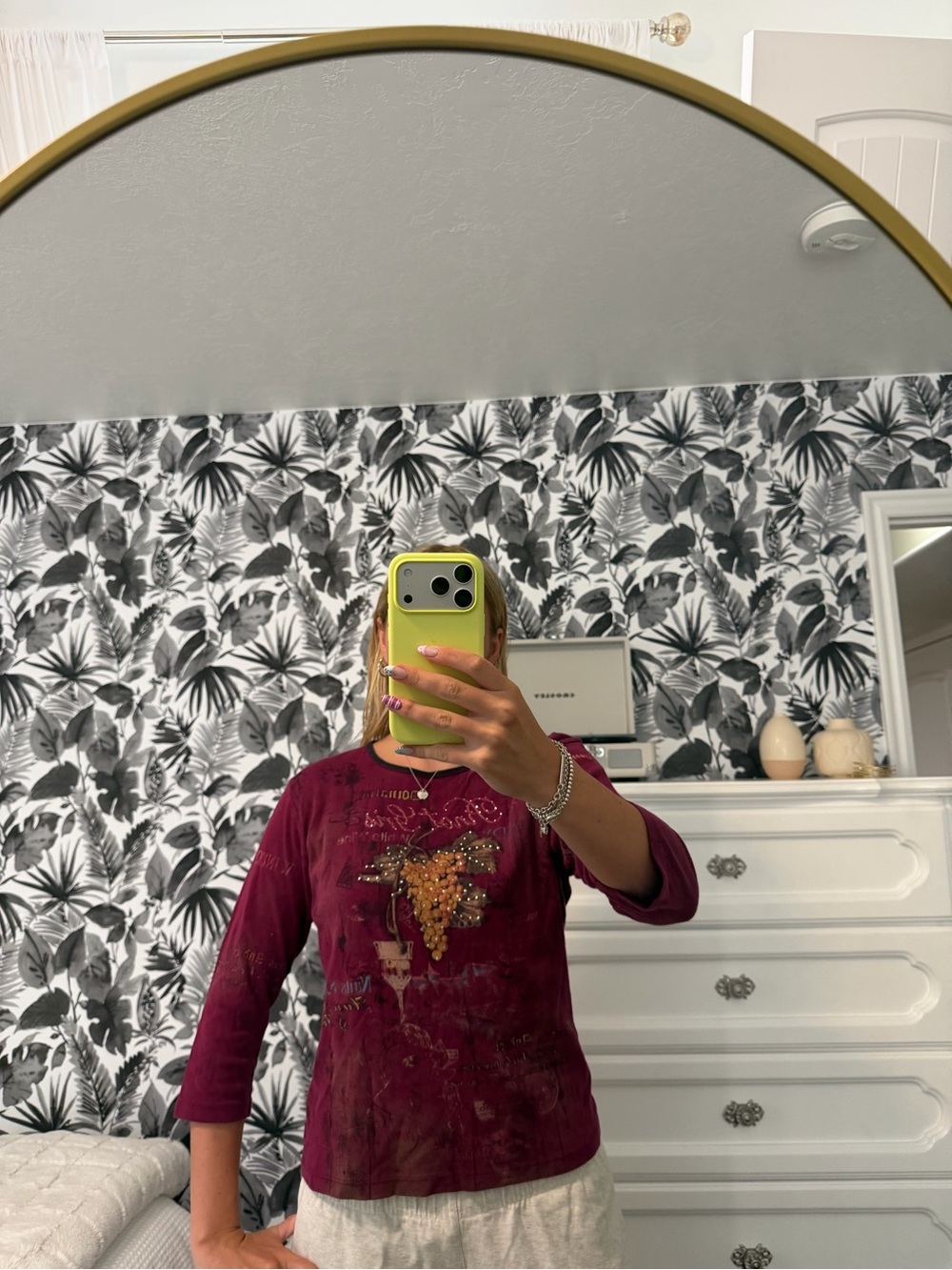 Burgundy Graphic 3/4 Sleeve Tee with Embellished Grape